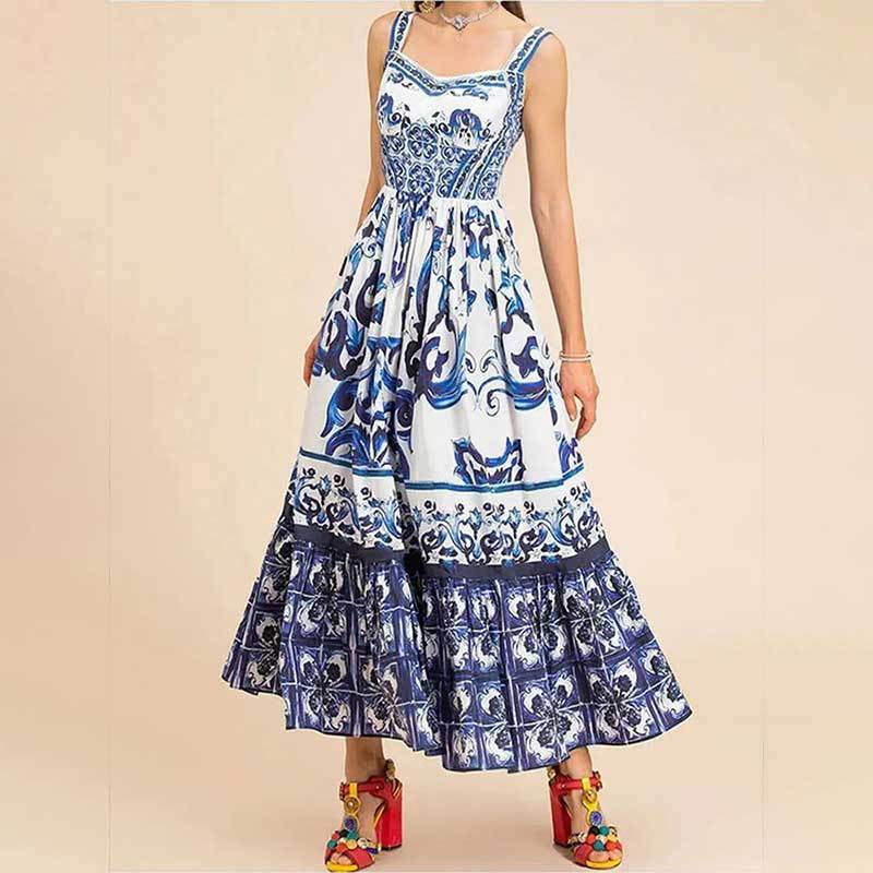 Printed Sleeveless Dress Fashion Spaghetti Waist-controlled Large Hem Dresses For Women | Koalakits36