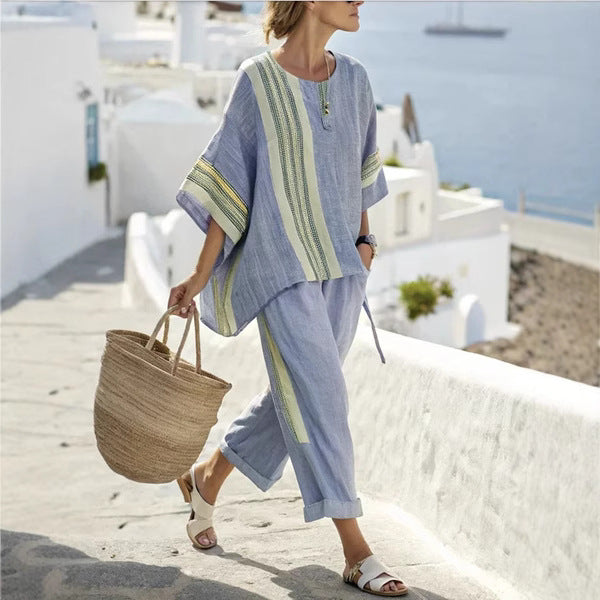 Summer Striped Suits Loose Batwing Sleeve T-shirt And Solid Straight-leg Pants | Koalakits36