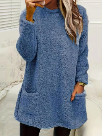 Women's Fleece Pullover Long Sweater With Pockets with Hoodie Winter Warm Thicken Casual Long Sleeve Plush Loose Tops Koalakits36