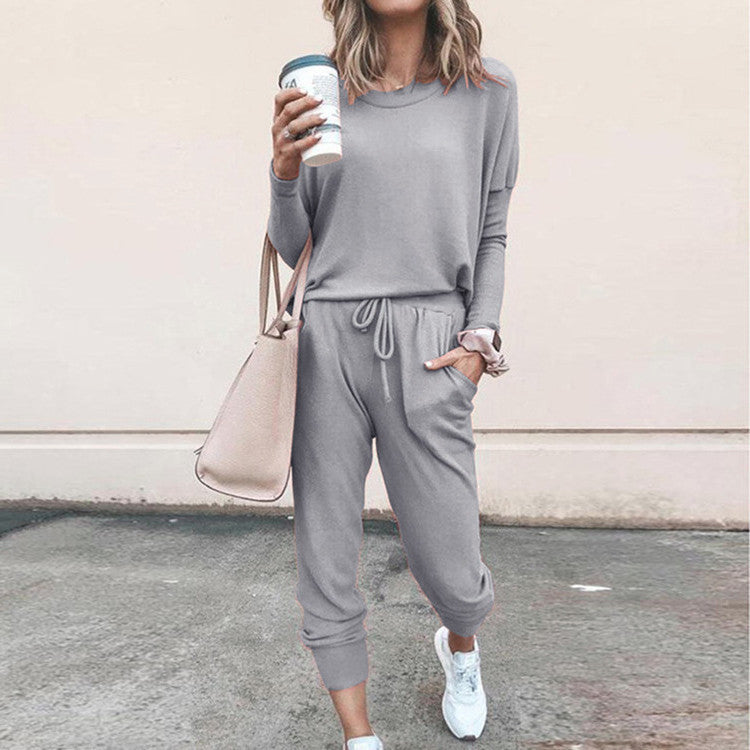 Women's Long Sleeve Suit Fashion Pullover Top And Pockets Drawstring Long Pants Solid Color Casual Sports Trouser Suit Clothing Koalakits36