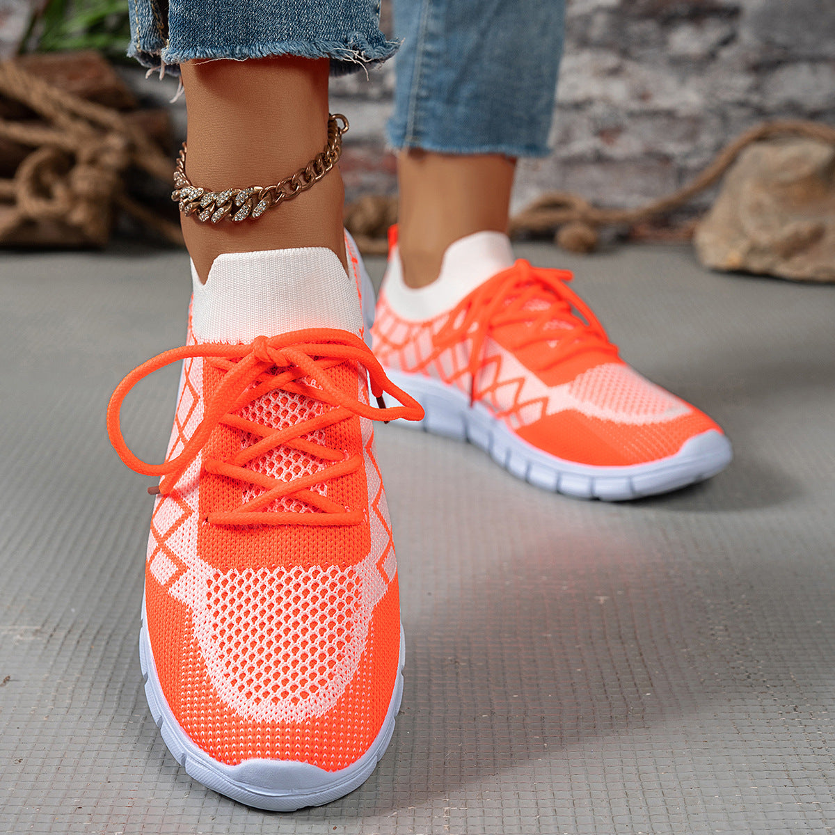 Colorblock Plaid Lace-Up Flyknit Sneakers Ins Mesh Casual Shoes Fashion Breathable | Koalakits36