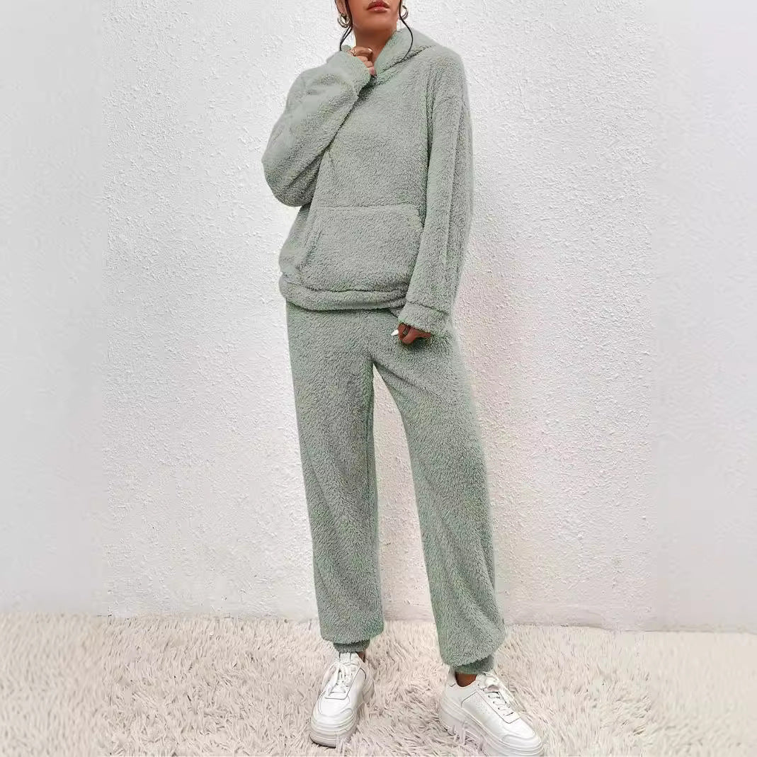 Winter Plush Pajama Set Fashion Casual Hooded Top And Elastic Band Pants Warm Sofa Carpet Home Clothes Koalakits36