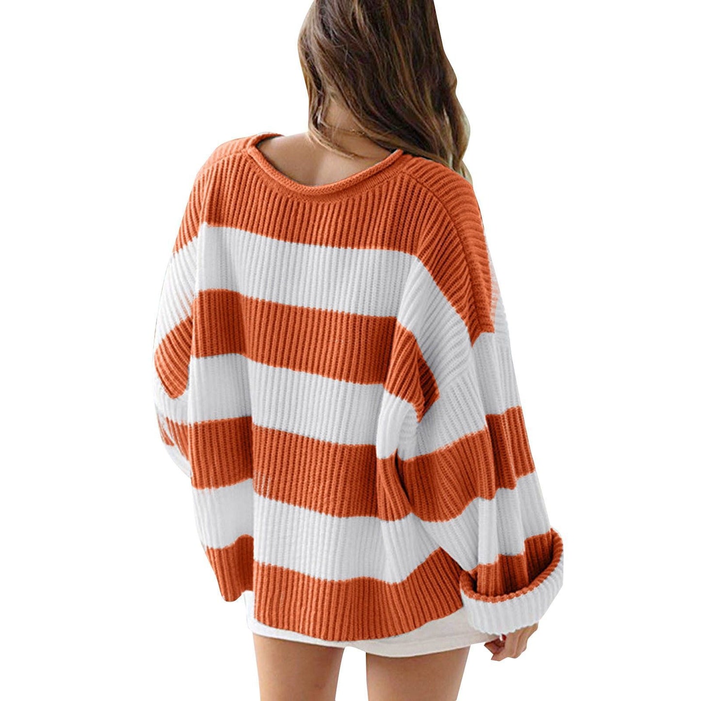Loose Striped Sweater Fashion Casual Long Batwing Sleeve Round Neck Pullover Knit Tops Koalakits36