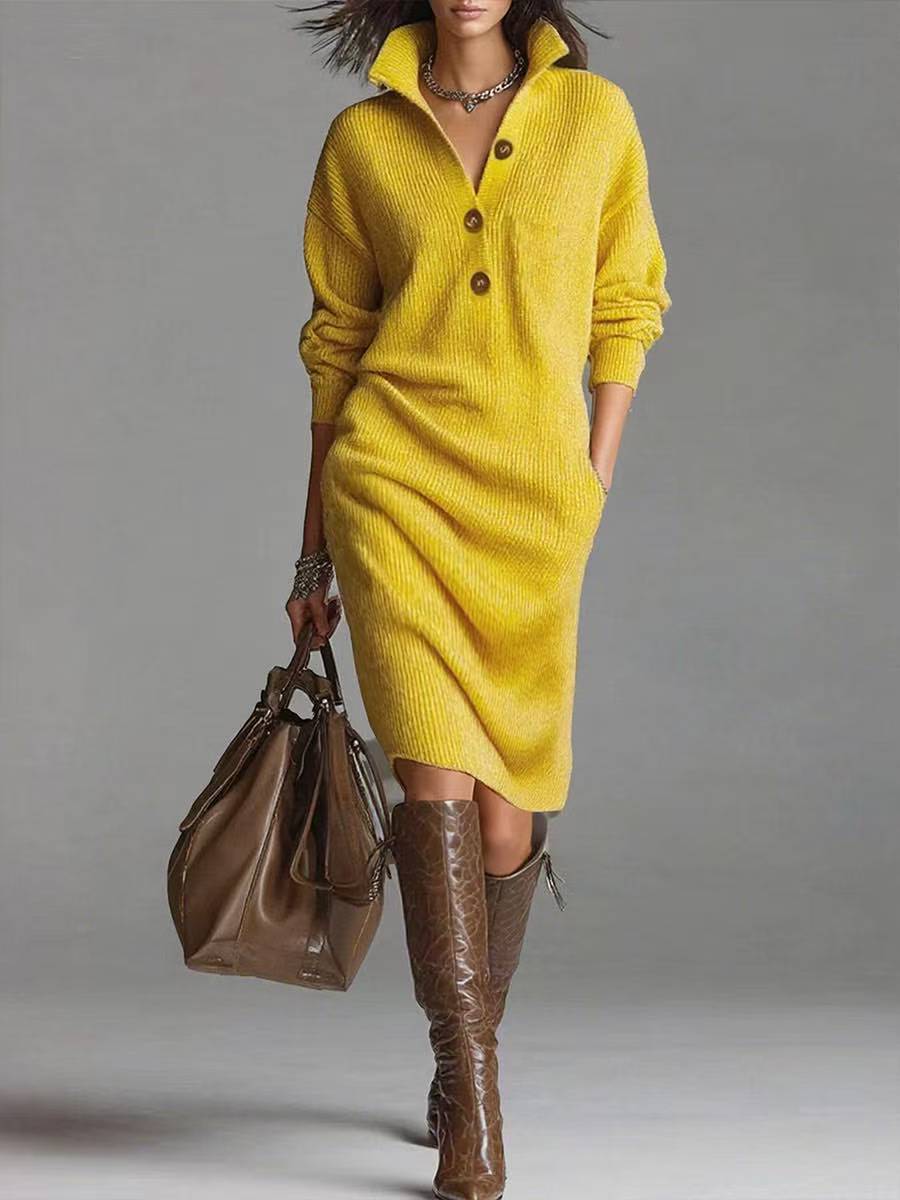 Long-sleeved Sweater Dress Fashion Warm Stand-up Collar V-neck Button Pullover Dresses Winter Casual Koalakits36