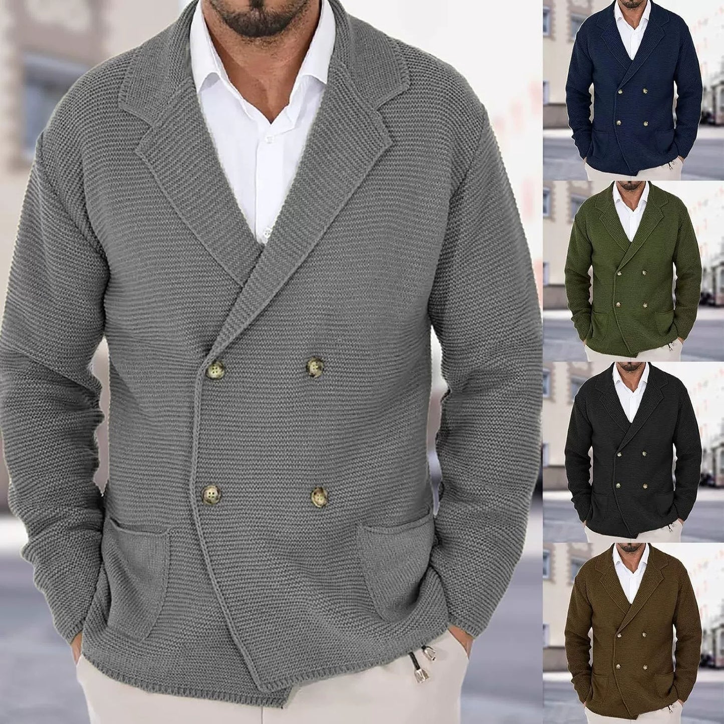 Cardigan Lapel Sweater Coat For Men Fall Winter Slim Double Breasted Sweaters Business Casual Style Koalakits36