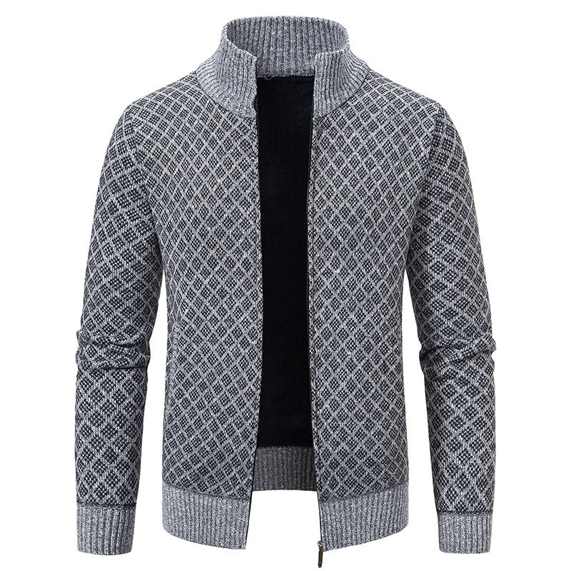 Thickened Plaid Print Jacket Cardigan Fashion Slim Fit Zipper Stand Collar Sweater Winter Men's Casual Long Sleeve Koalakits36