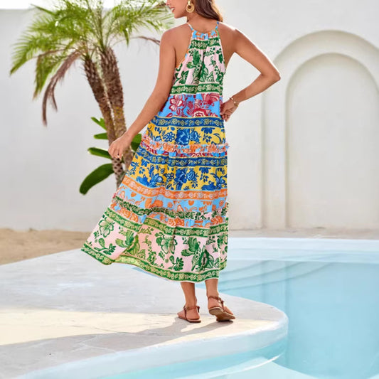 Fashionable Printed Contrast-Color Dress Womens Clothing