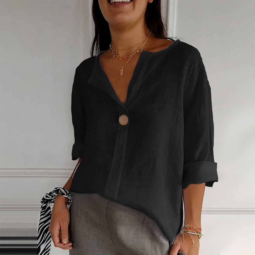 V-neck Long-sleeved T-shirt Fashion Loose Cotton And Linen Button Tops | Koalakits36