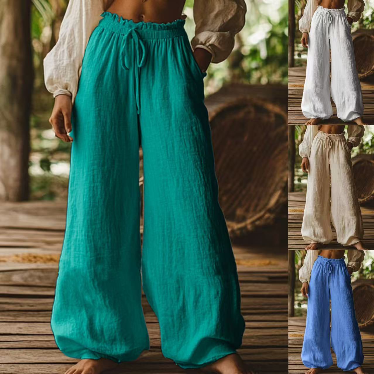Fashion Casual Loose Artistic Pocket Drawstring Elastic Waist Wide Leg Pants Koalakits36