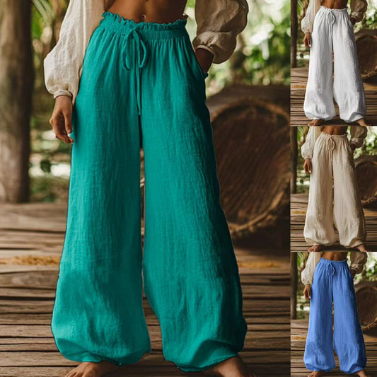 Fashion Casual Loose Artistic Pocket Drawstring Elastic Waist Wide Leg Pants Koalakits36