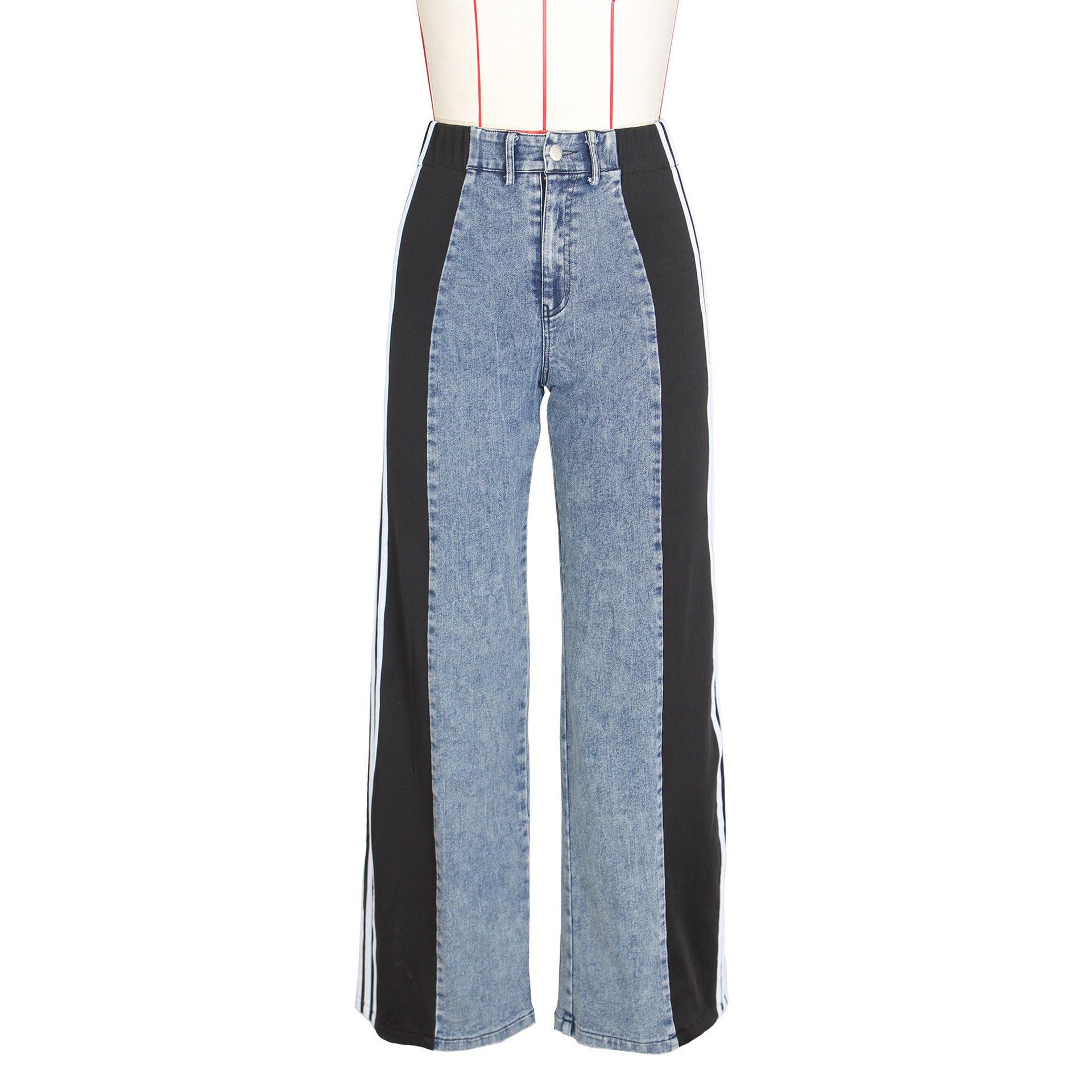 Fashion Casual High Waist Elastic Straight Leg Trousers Three Stripe Patchwork Denim Wide Leg Pants