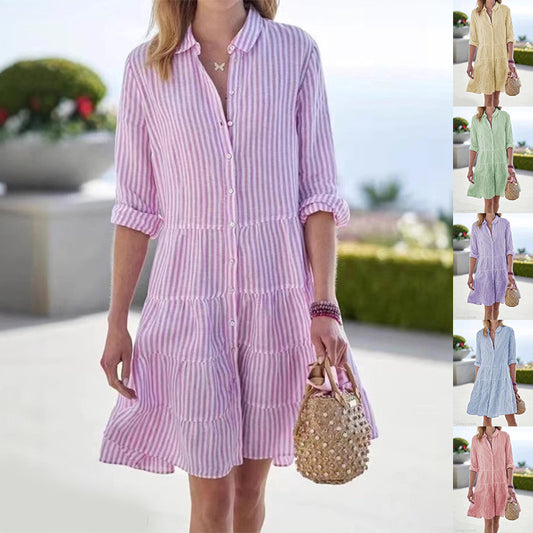 Striped Long-sleeved Shirt Dress Fashion Lapel Button Dresses For Women | Koalakits36