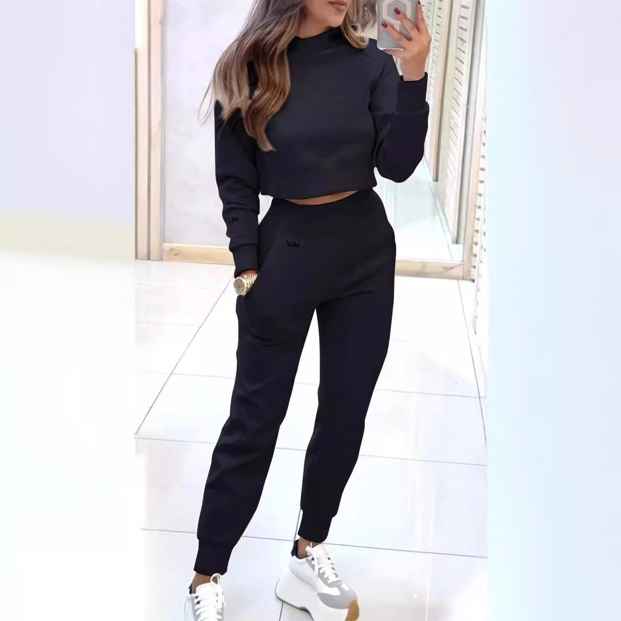 Sports Suit Fashion Pullover Long-sleeves Short Top And Slim Trousers With Pockets Solid Outfits Women's Clothing