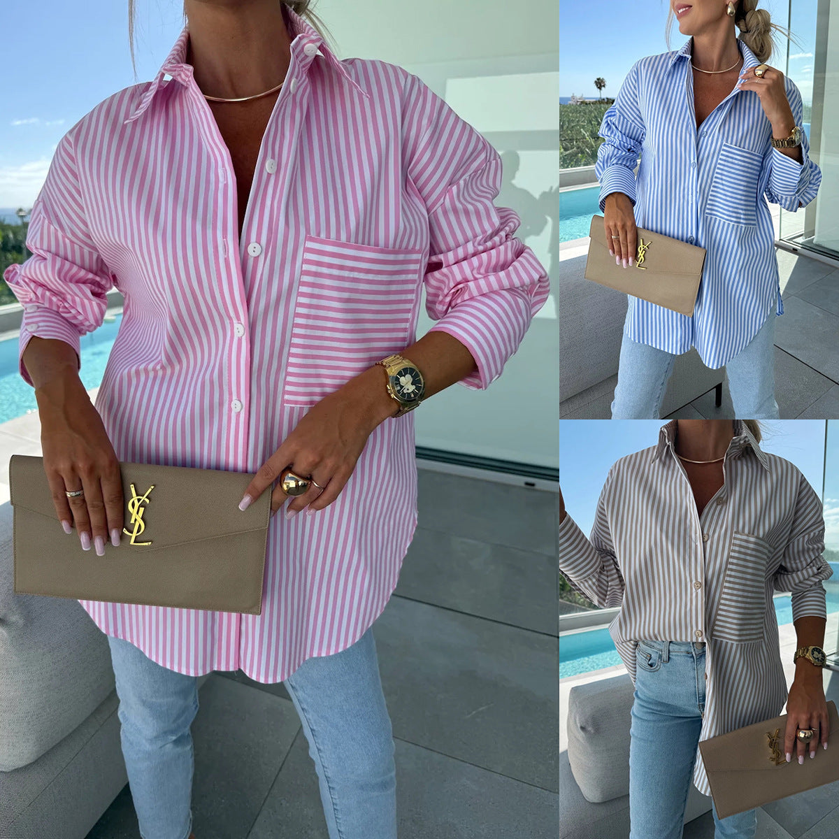 Long Sleeve Lapel Striped Print Lapel Shirt With Irregular Hem Button Placket Casual Loose | Koalakits36