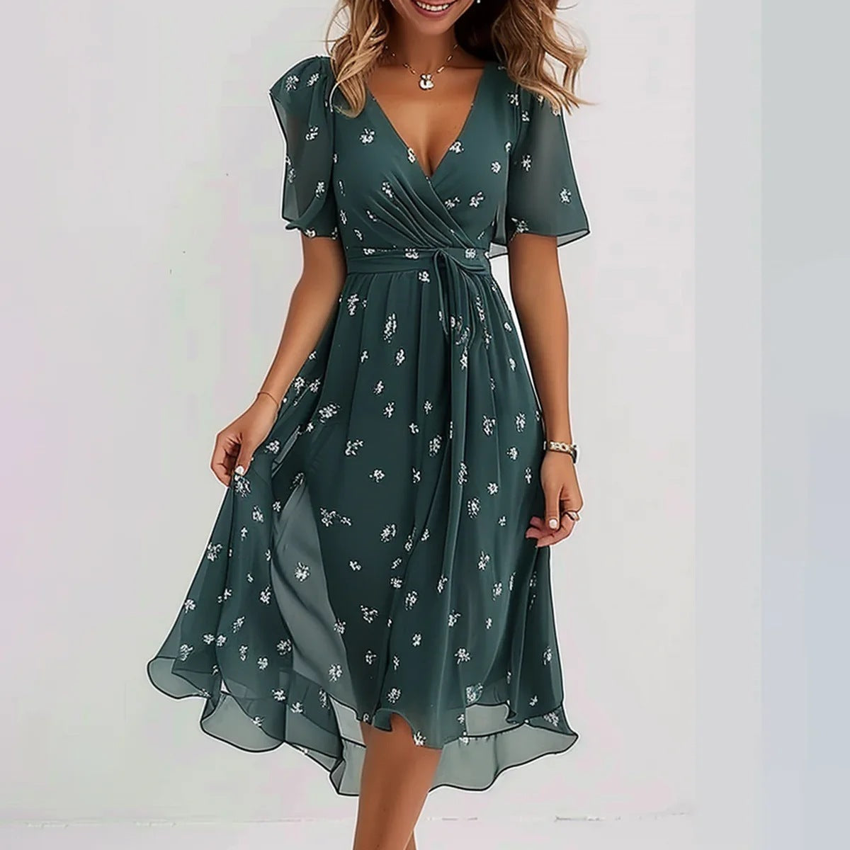 Chiffon Printed Short Sleeve Dress Summer 