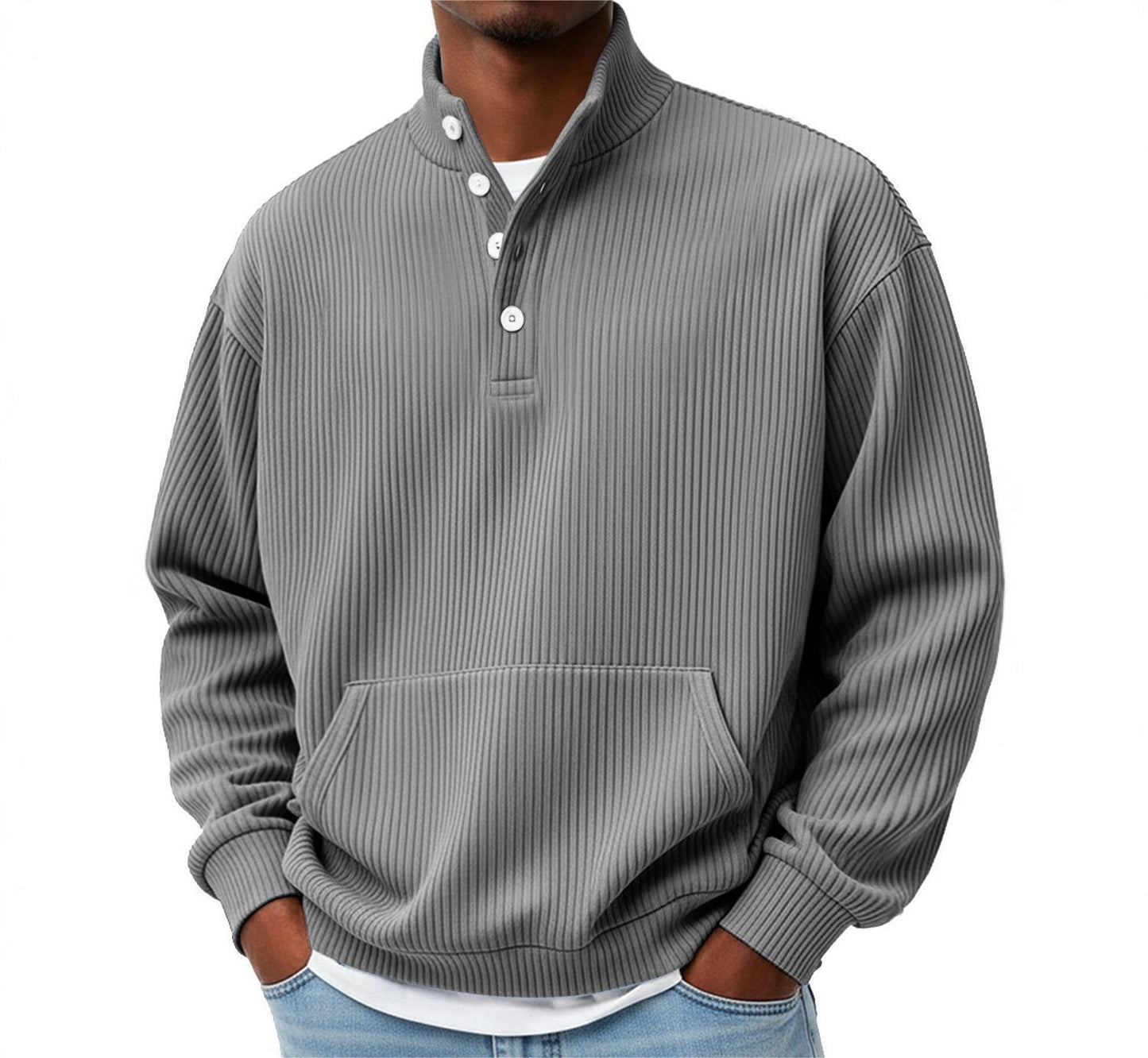 Turtleneck Casual Long-Sleeve Polo Sweatshirt With Pockets For Men Spring Autumn Clothing Loose Button Polo Collar Tees Tops Man Outwear