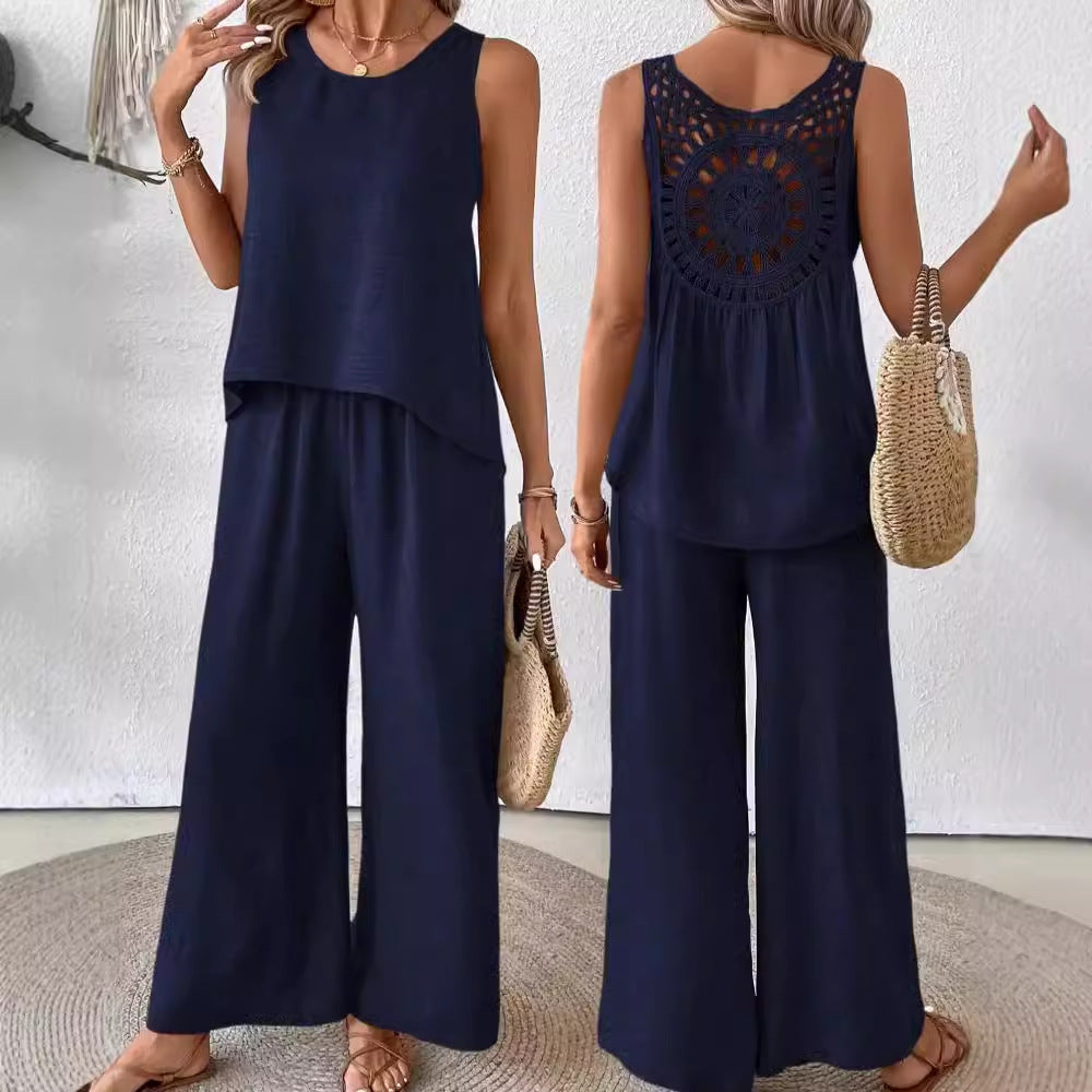 2 Pieces Set Women's Sleeveless Solid Color Back Hollow Lace Suit Summer Trendy Casual Top Wide Leg Pants Set For Daily Wear Holiday Outfit