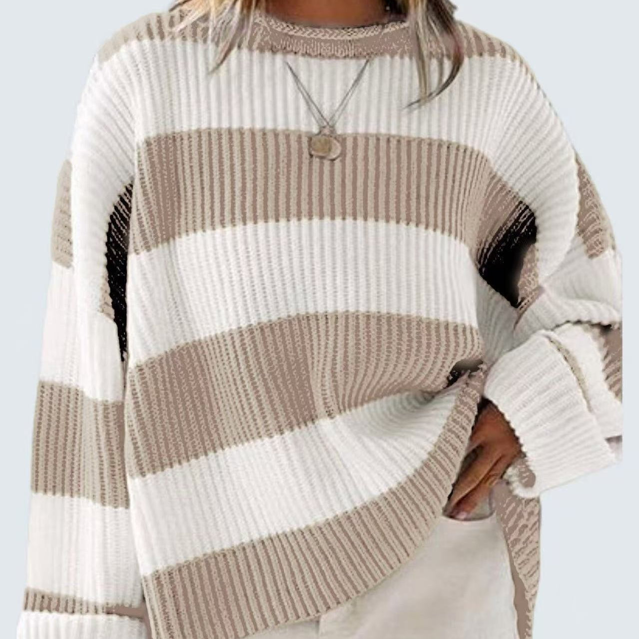 Loose Striped Sweater Fashion Casual Long Batwing Sleeve Round Neck Pullover Knit Tops Koalakits36