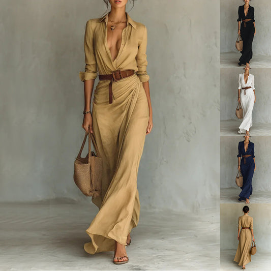 Irregular Long Dress With Belt Fashion And Elegant Button Lapel Long-sleeved Shirt Dresses Daily Office Commuting Clothing For Women