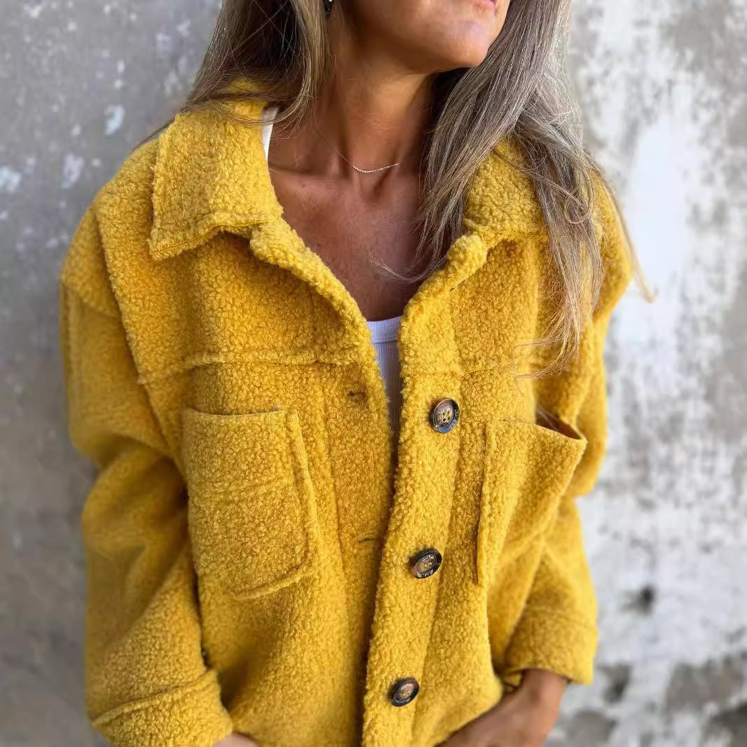 Women's Lamb Wool Coat Winter Lapel Single Breasted Jacket Outwear Warm Cropped Tops