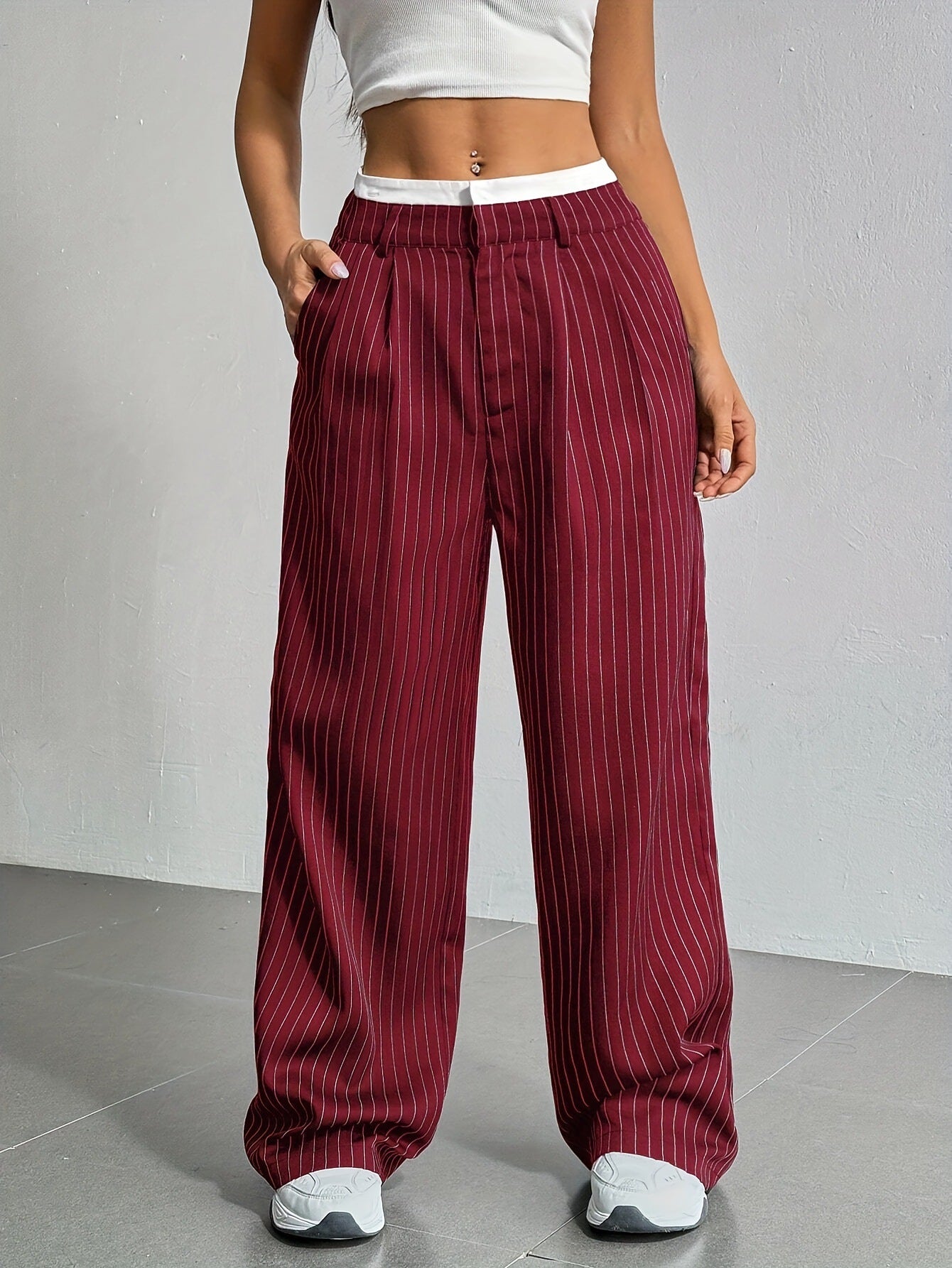 Stripe Printed Trousers Fashion High Waist Straight Leg Pants With Pocket Zipper Casual  | Koalakits36