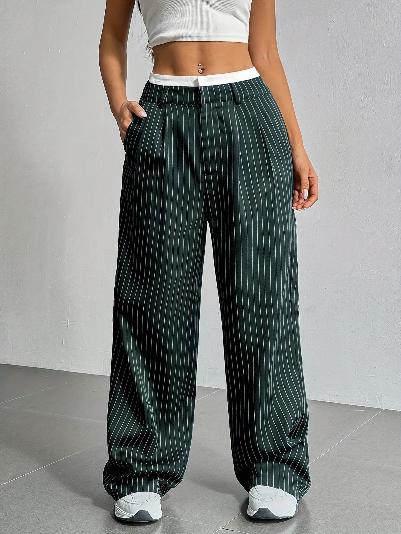 Stripe Printed Trousers Fashion High Waist Straight Leg Pants With Pocket Zipper Casual  | Koalakits36