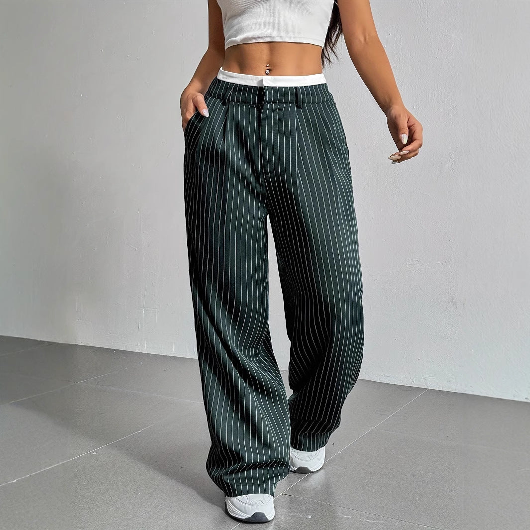 Stripe Printed Trousers Fashion High Waist Straight Leg Pants With Pocket Zipper Casual  | Koalakits36