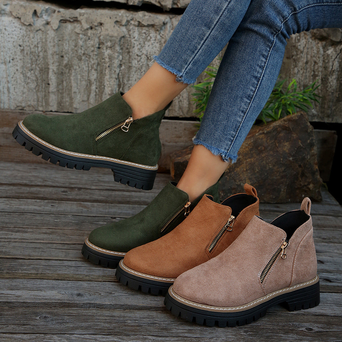 Fashion Ankle Boots With Side Zipper Ins Chunky Boots Autumn Winter Suede Shoes Women Koalakits36