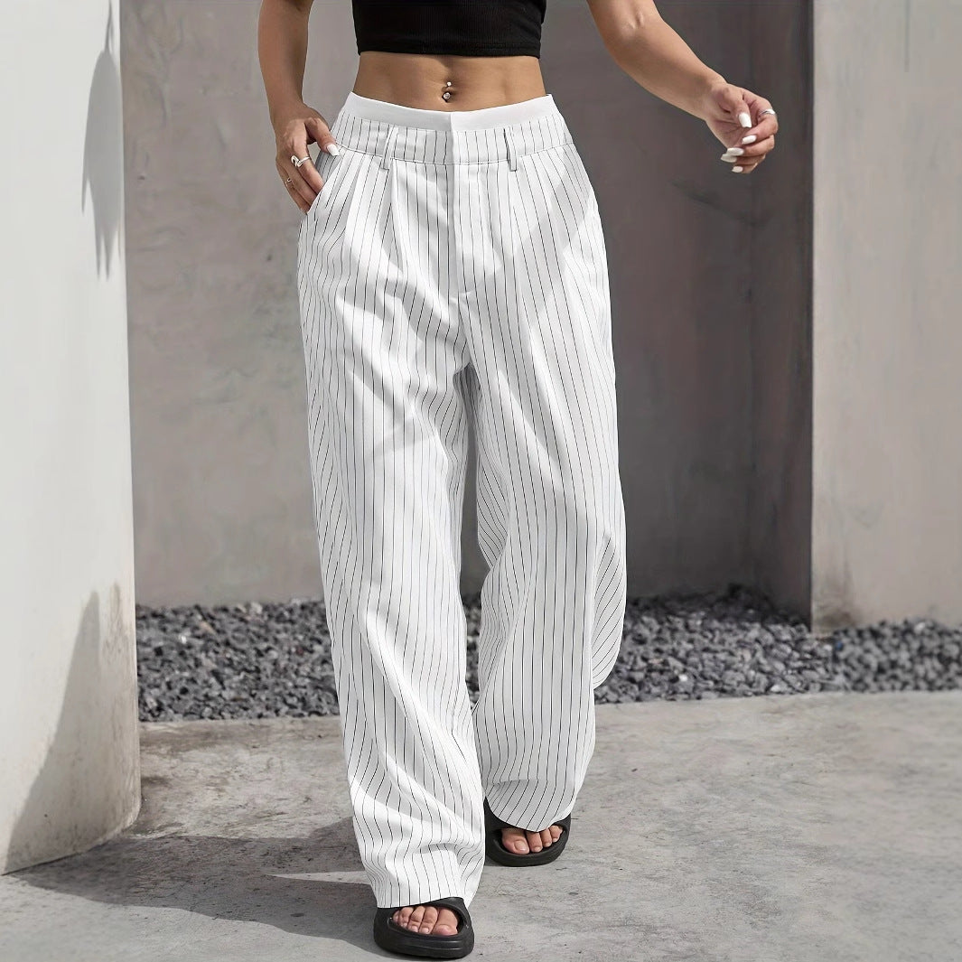 Stripe Printed Trousers Fashion High Waist Straight Leg Pants With Pocket Zipper Casual  | Koalakits36