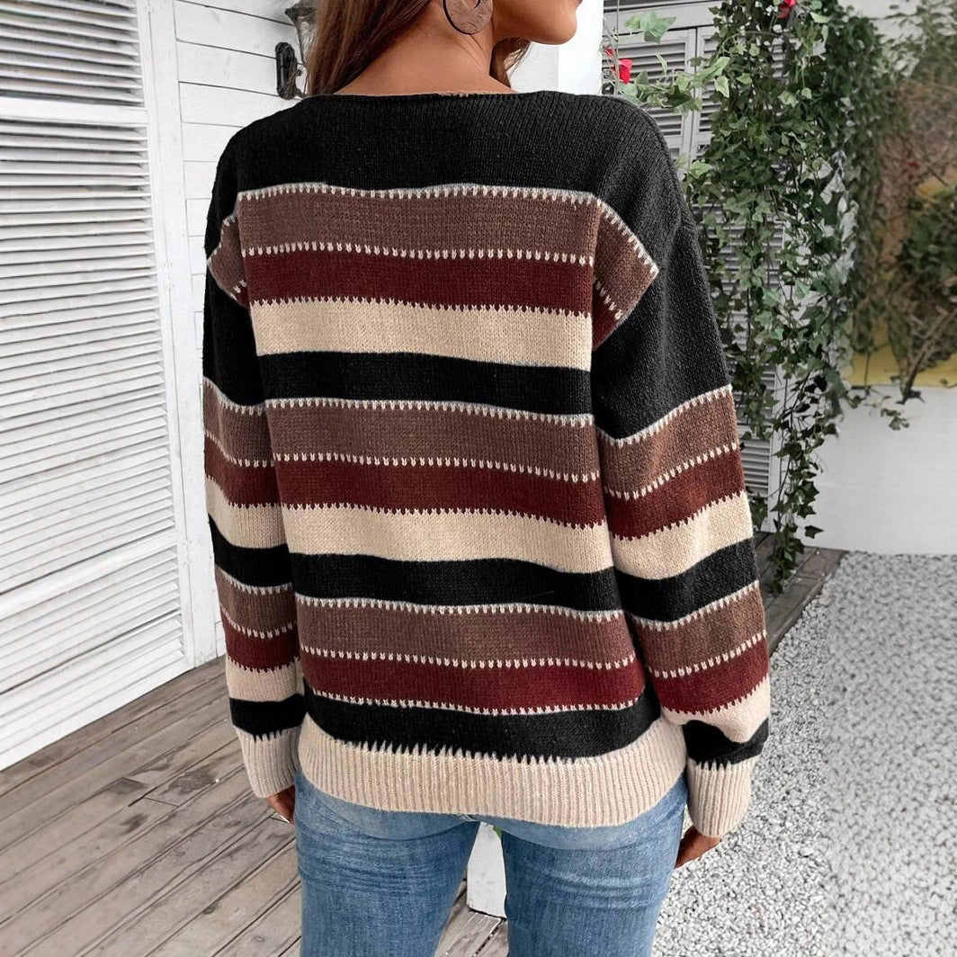 Colorblock Striped Pullover Sweater Fashion Casual Long Sleeve Top Autumn And Winter Clothing Koalakits36