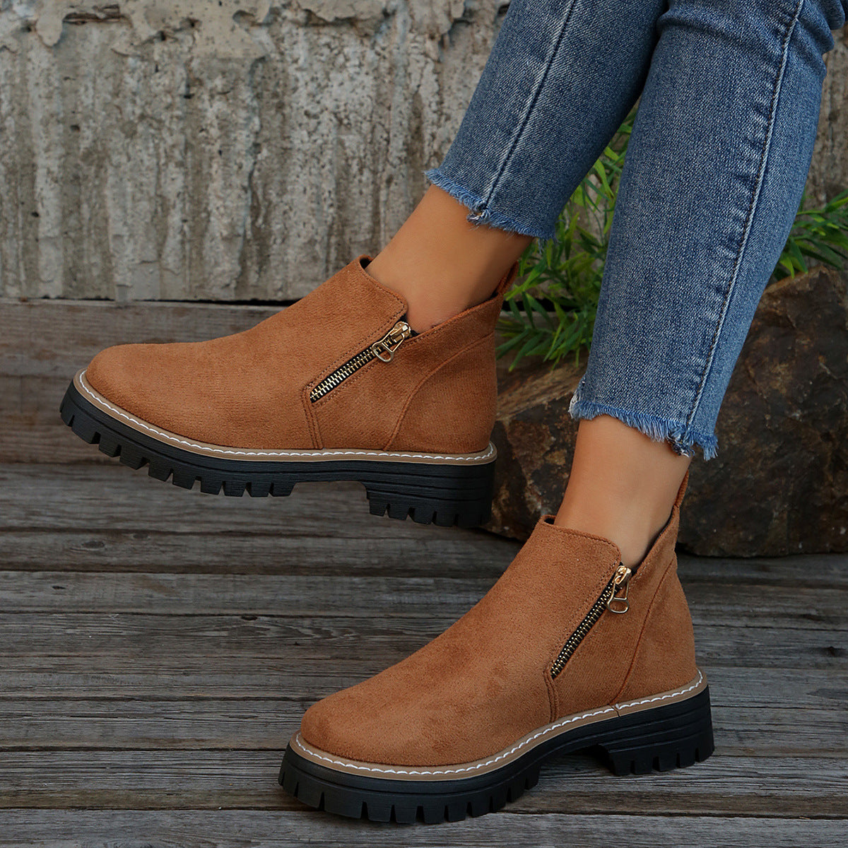 Fashion Ankle Boots With Side Zipper Ins Chunky Boots Autumn Winter Suede Shoes Women Koalakits36