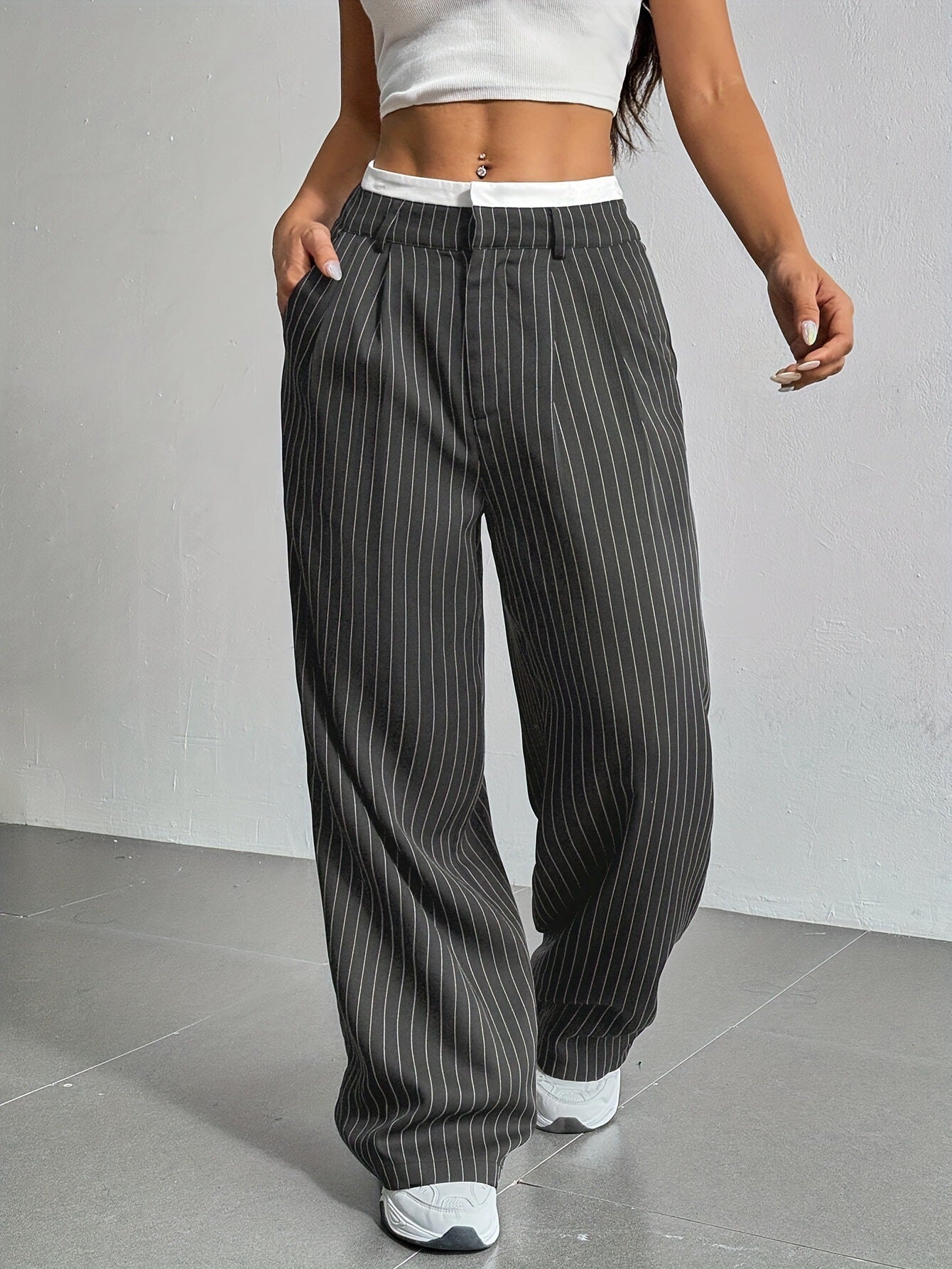 Stripe Printed Trousers Fashion High Waist Straight Leg Pants With Pocket Zipper Casual  | Koalakits36
