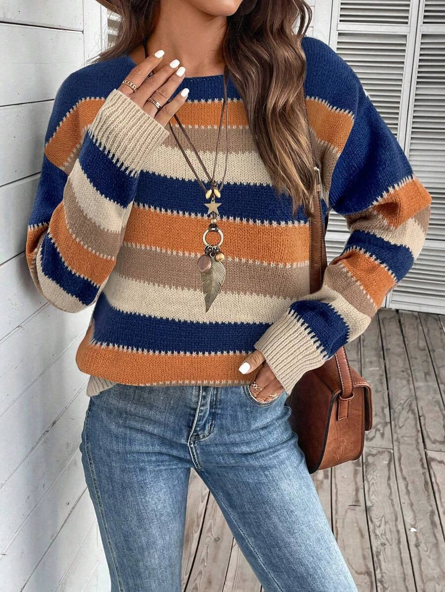 Colorblock Striped Pullover Sweater Fashion Casual Long Sleeve Top Autumn And Winter Clothing Koalakits36