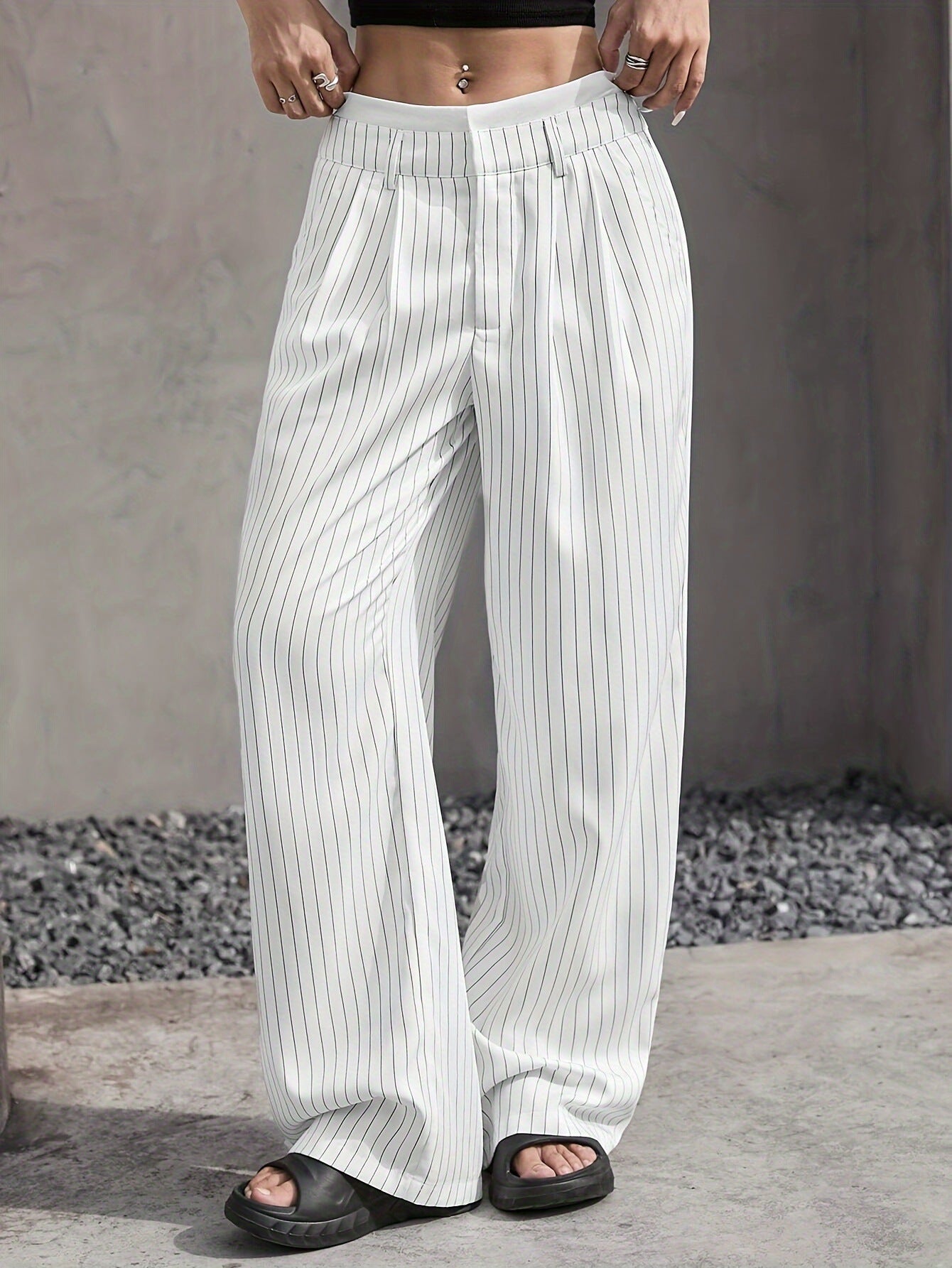 Stripe Printed Trousers Fashion High Waist Straight Leg Pants With Pocket Zipper Casual  | Koalakits36