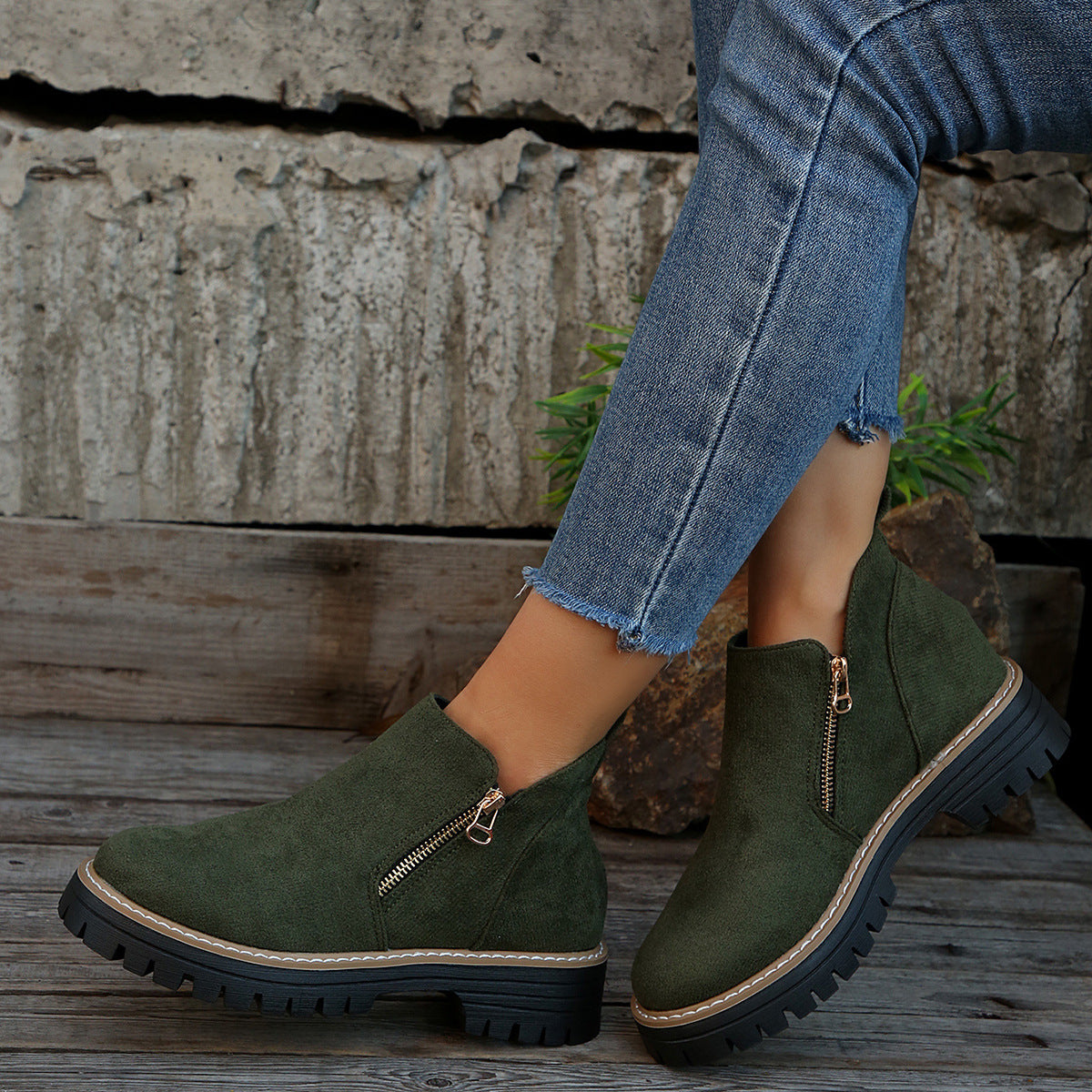 Fashion Ankle Boots With Side Zipper Ins Chunky Boots Autumn Winter Suede Shoes Women Koalakits36