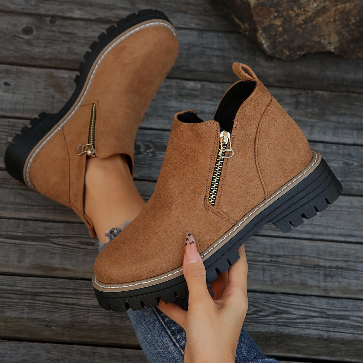 Fashion Ankle Boots With Side Zipper Ins Chunky Boots Autumn Winter Suede Shoes Women Koalakits36