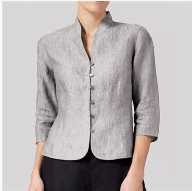 slim-fit three-quarter sleeve jacket features a V-neck and a stand collar | Koalakits36