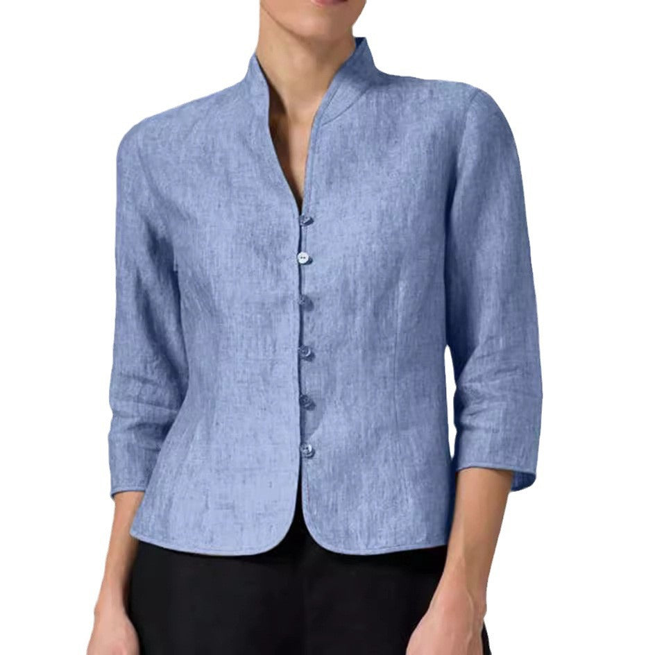 slim-fit three-quarter sleeve jacket features a V-neck and a stand collar | Koalakits36