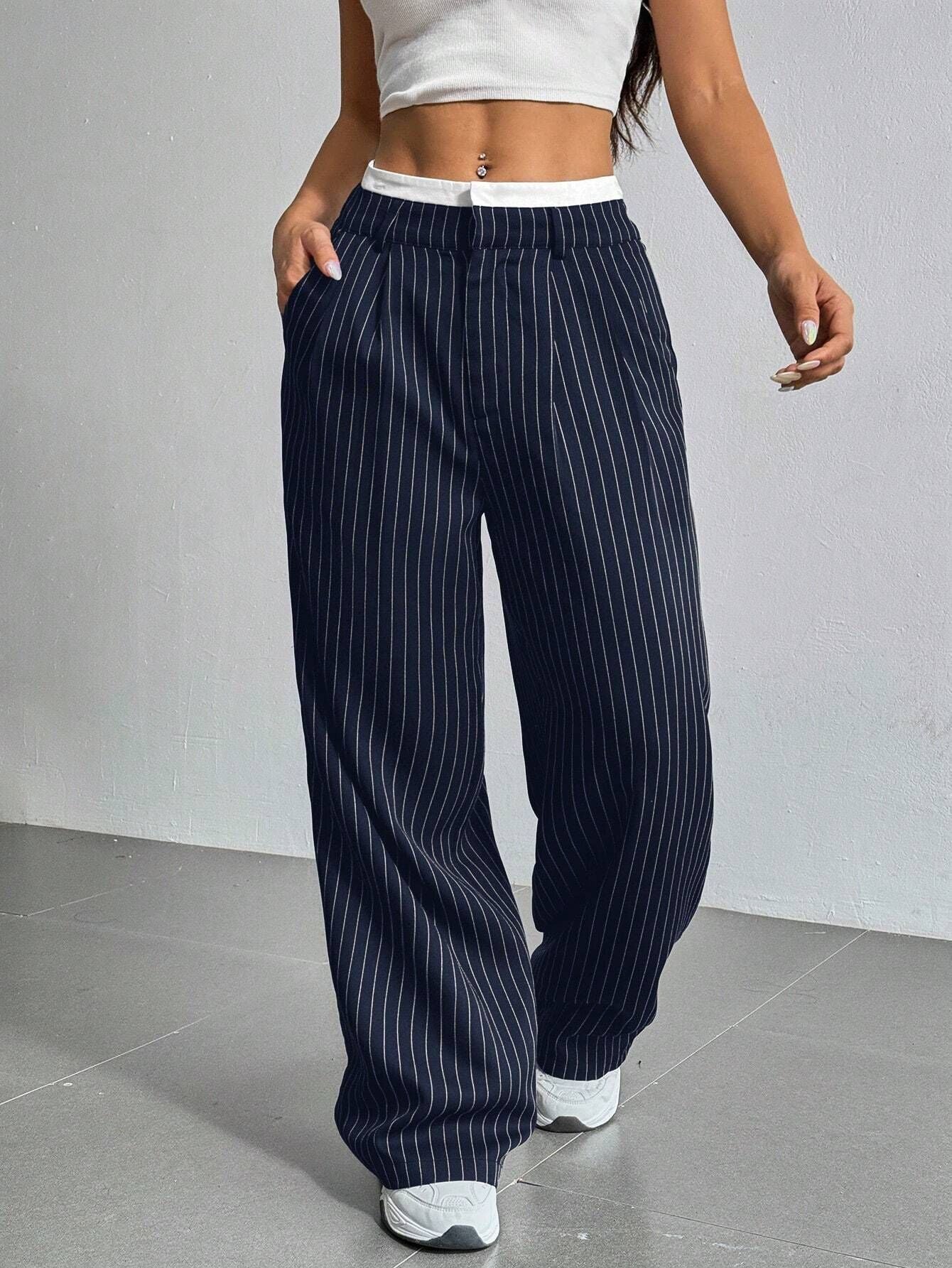 Stripe Printed Trousers Fashion High Waist Straight Leg Pants With Pocket Zipper Casual  | Koalakits36