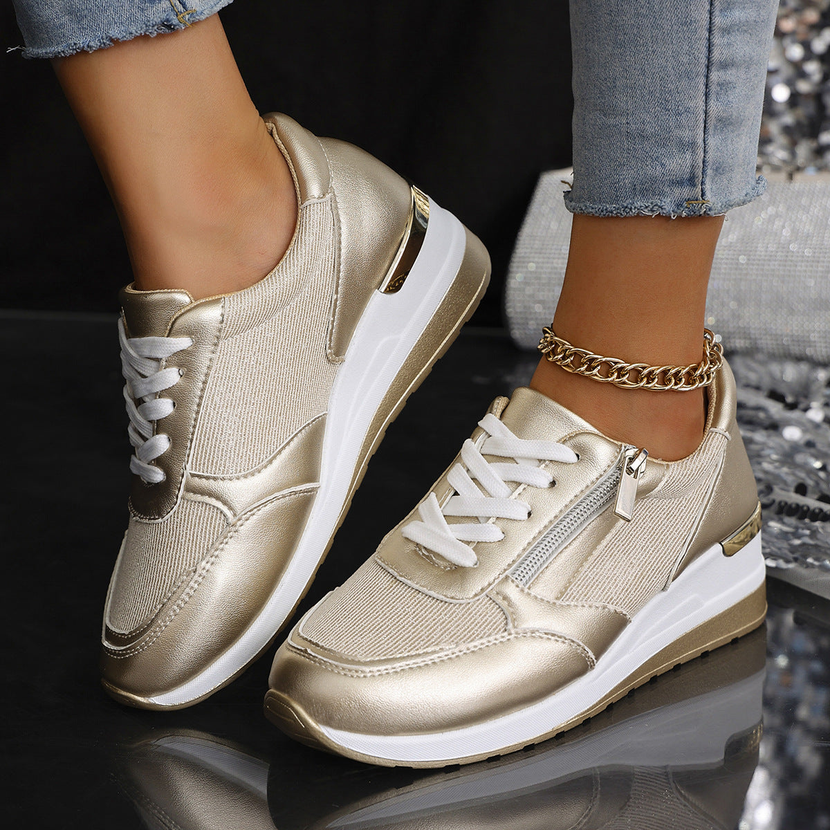 Women's Lace-up Casual Shoes Fashion Side Zipper Design Thick-soled Shoes Walking Running | Koalakits36