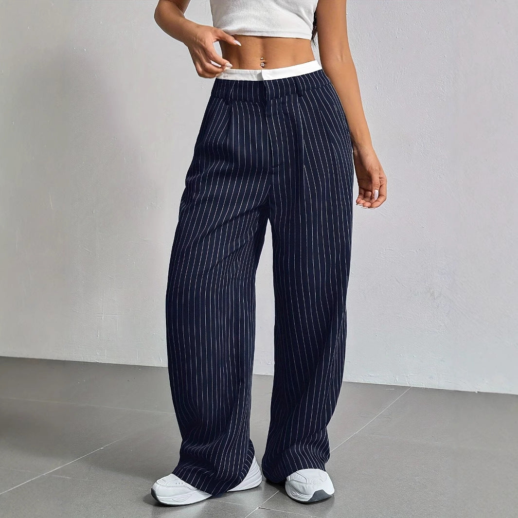 Stripe Printed Trousers Fashion High Waist Straight Leg Pants With Pocket Zipper Casual  | Koalakits36