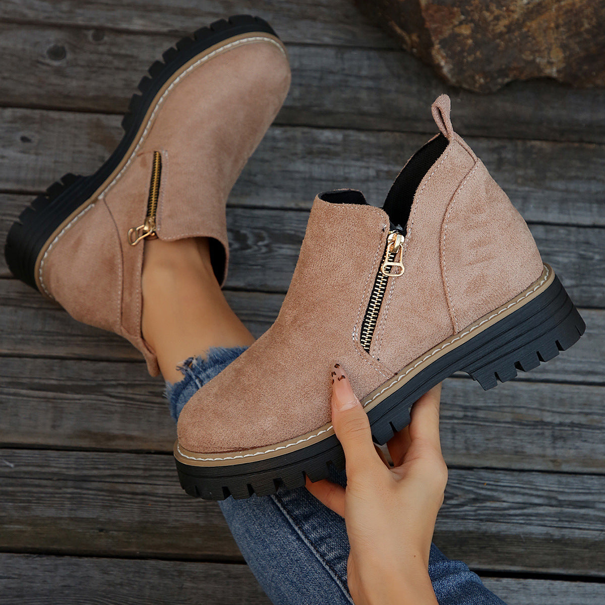 Fashion Ankle Boots With Side Zipper Ins Chunky Boots Autumn Winter Suede Shoes Women Koalakits36