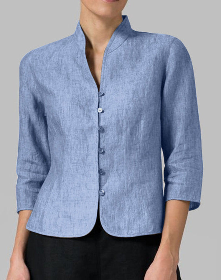 slim-fit three-quarter sleeve jacket features a V-neck and a stand collar | Koalakits36