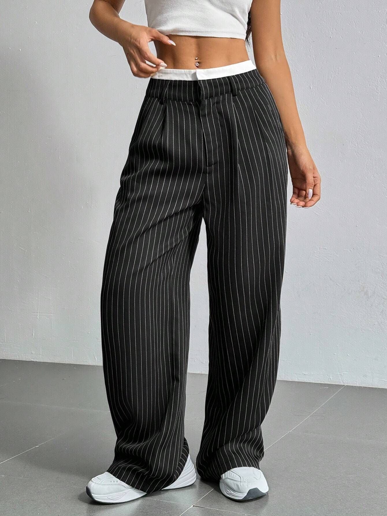 Stripe Printed Trousers Fashion High Waist Straight Leg Pants With Pocket Zipper Casual  | Koalakits36