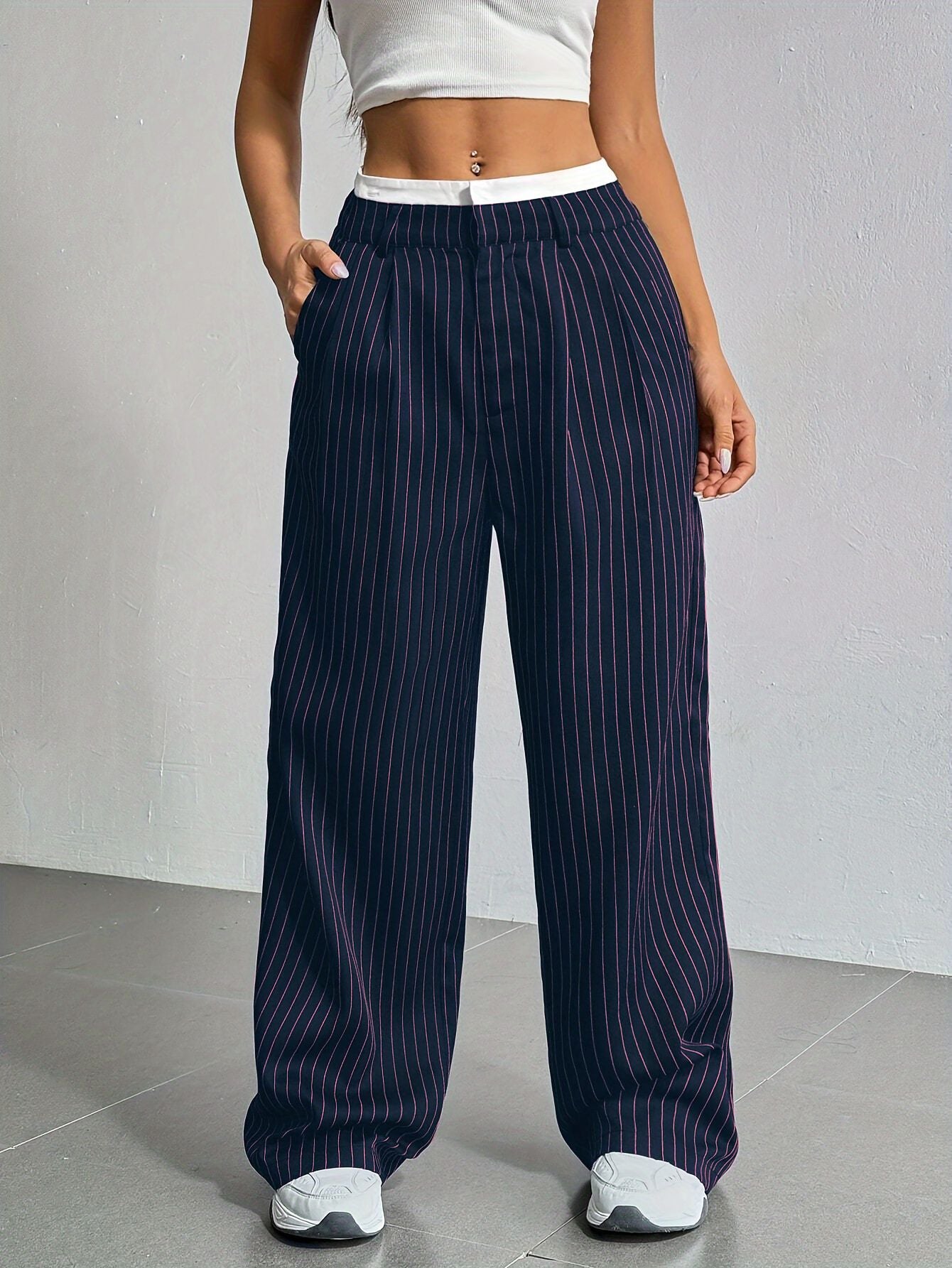 Stripe Printed Trousers Fashion High Waist Straight Leg Pants With Pocket Zipper Casual  | Koalakits36