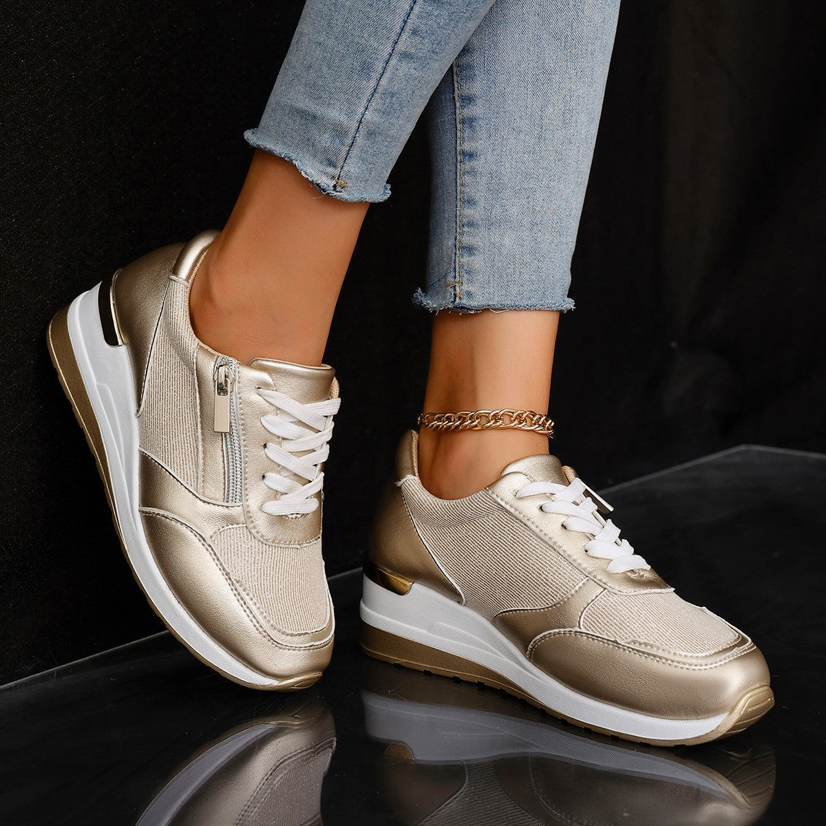 Women's Lace-up Casual Shoes Fashion Side Zipper Design Thick-soled Shoes Walking Running | Koalakits36