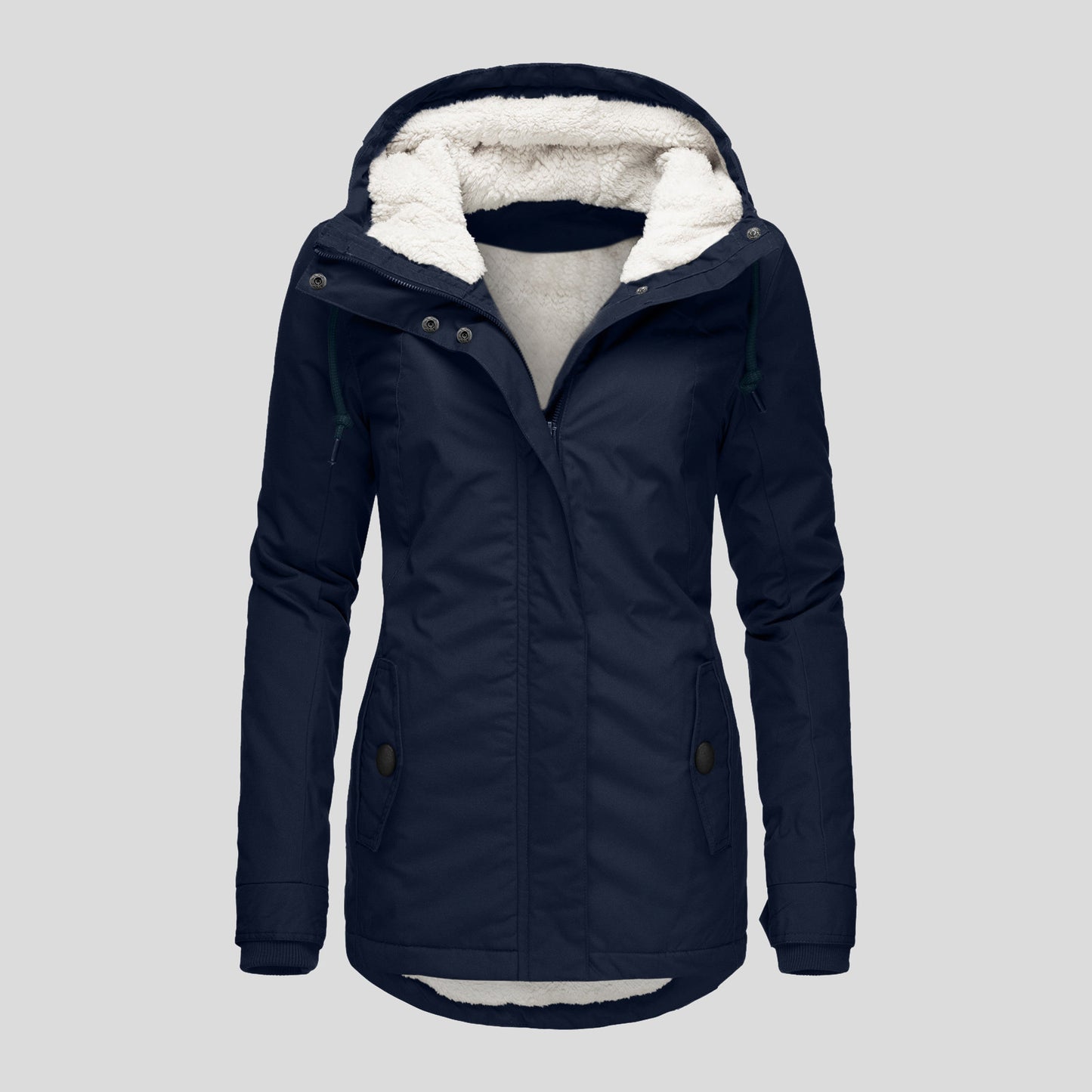 Winter Hooded Jacket Solid Color Warm Buckle Zip-up Fleece Jacket With Pockets Women's Casual Jacket Koalakits36