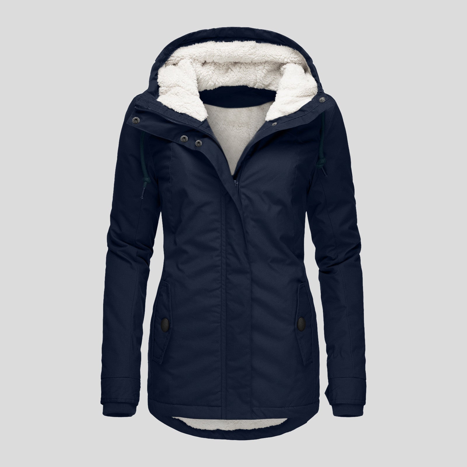 Winter Hooded Jacket Solid Color Warm Buckle Zip-up Fleece Jacket With Pockets Women's Casual Jacket Koalakits36