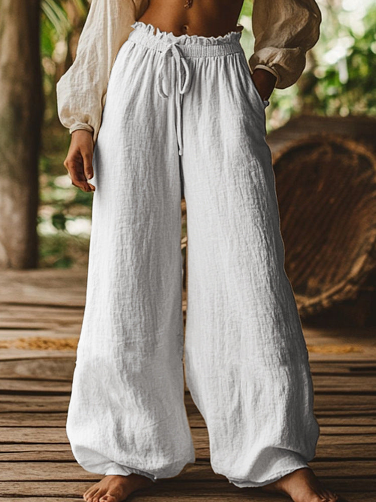 Fashion Casual Loose Artistic Pocket Drawstring Elastic Waist Wide Leg Pants Koalakits36