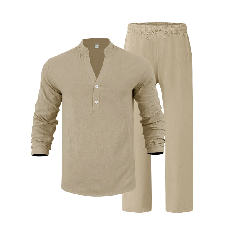 Mens Loose-Fit Long-sleeved Suit Casual Breathable V-Neck Henley Shirt And Long Pants Set Beach Clothing